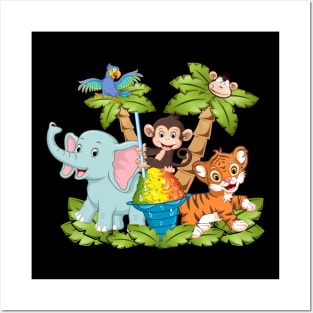 Jungle with Palm Tree, Elephant, Monkey, Parrot, Tiger and Ice Cream Posters and Art